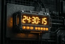 A glowing digital clock display in a dark room representing the 24 franchise aesthetic.