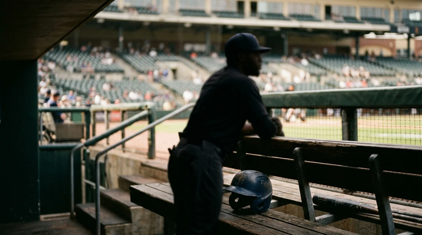 Conceptual image of a player in a dugout overlooking empty stadium seats.