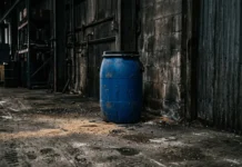 A blue industrial drum in a dark storage space with cement textures.