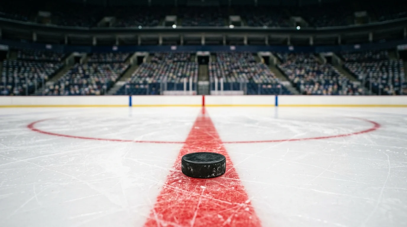 A hockey puck on center ice.