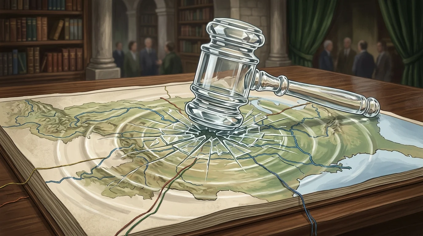 A conceptual image of a gavel on a river map.