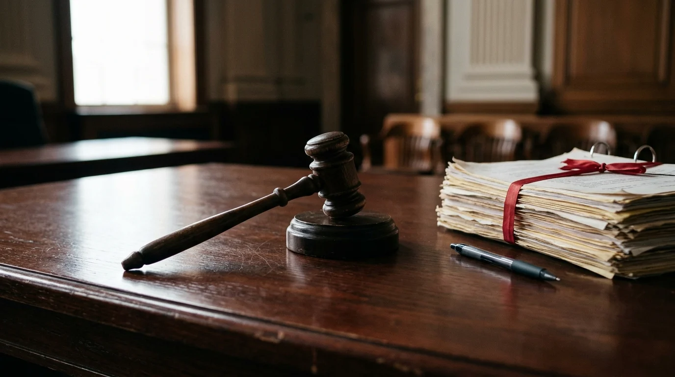 A gavel and legal papers on a dark wooden surface.