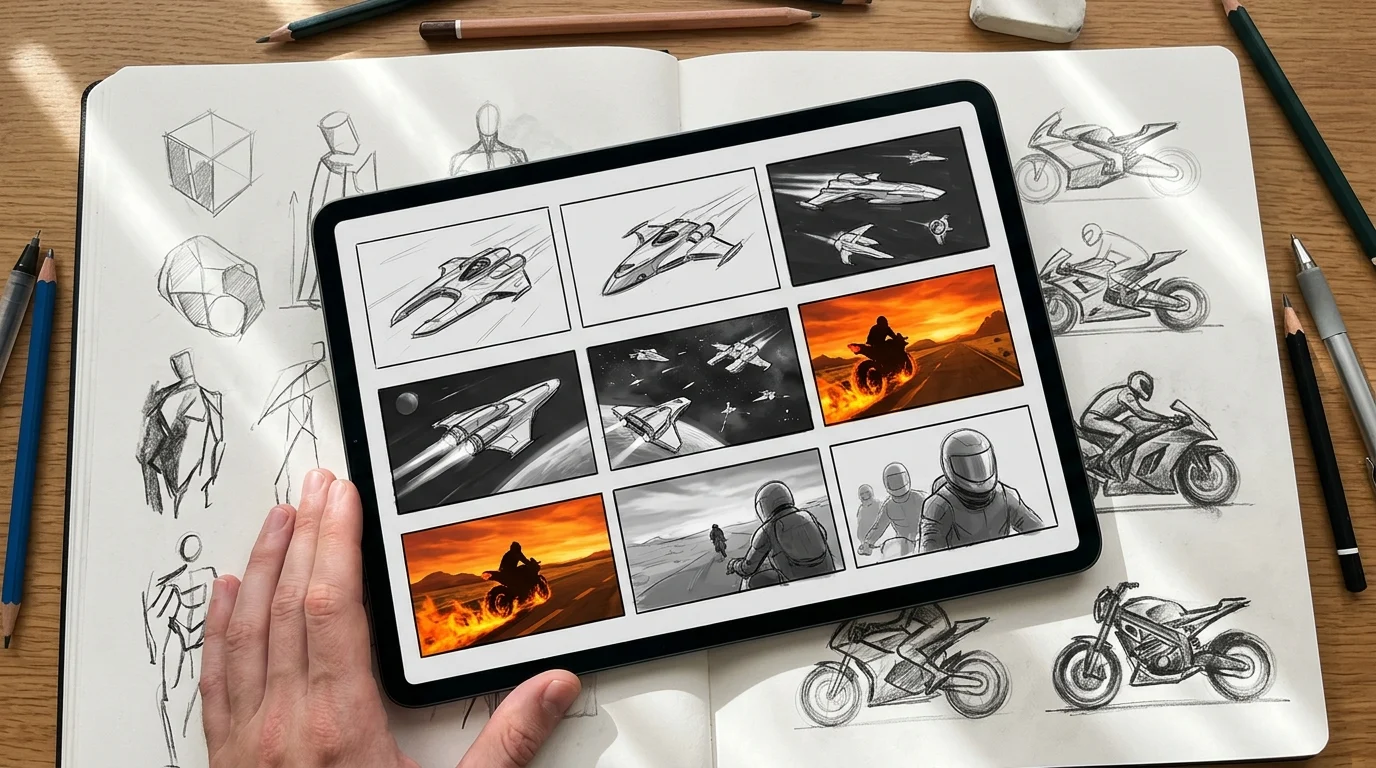 Digital storyboards for upcoming sci-fi and action film projects on a tablet.