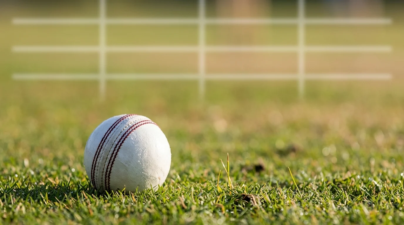 A white cricket ball on grass with abstract scheduling lines in the background.