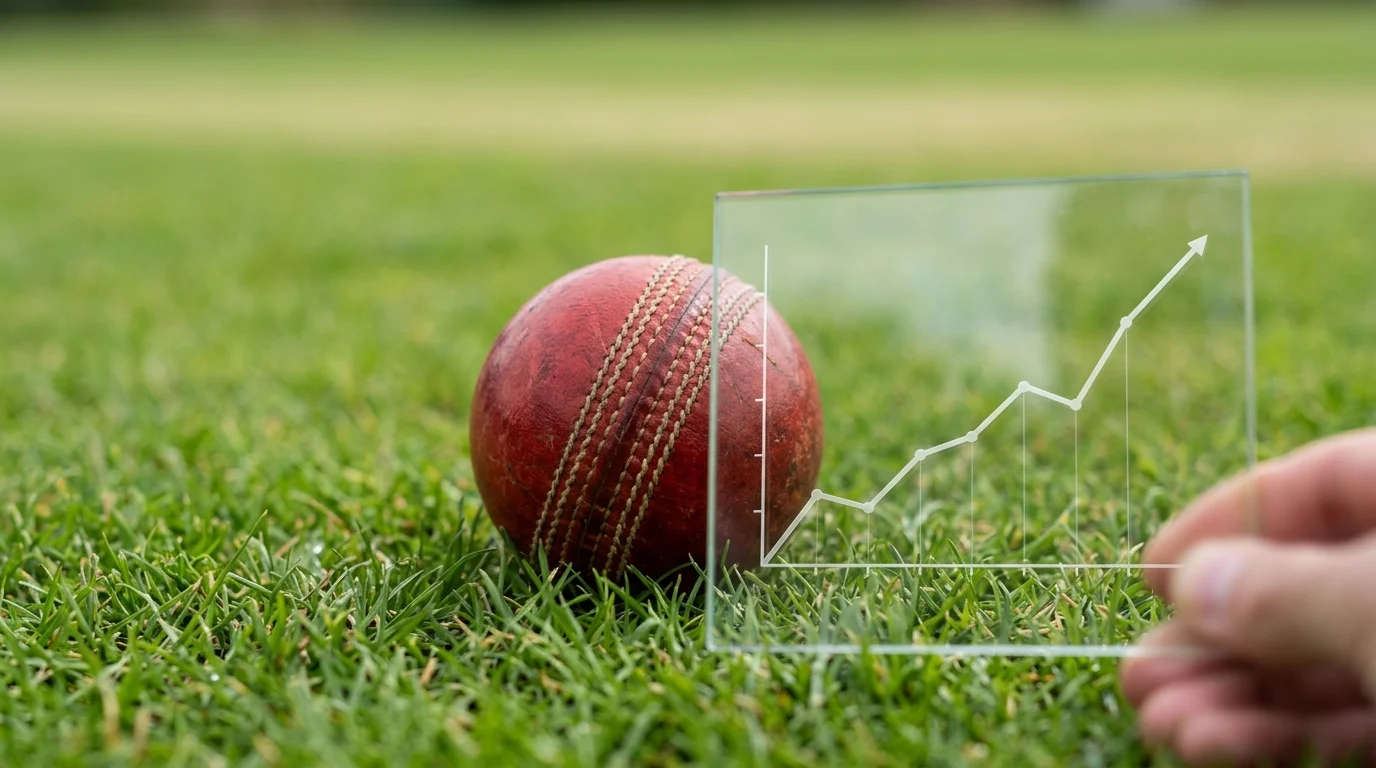 Minimalist cricket ball on grass with a rising trend line.