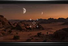 A vast desert landscape under two moons seen through a digital interface.