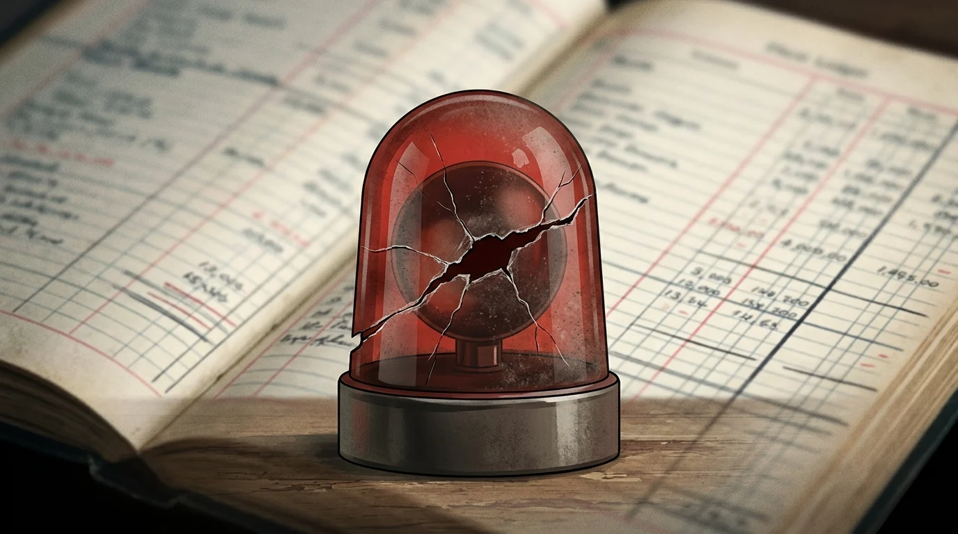 A cracked red emergency light over a financial document.