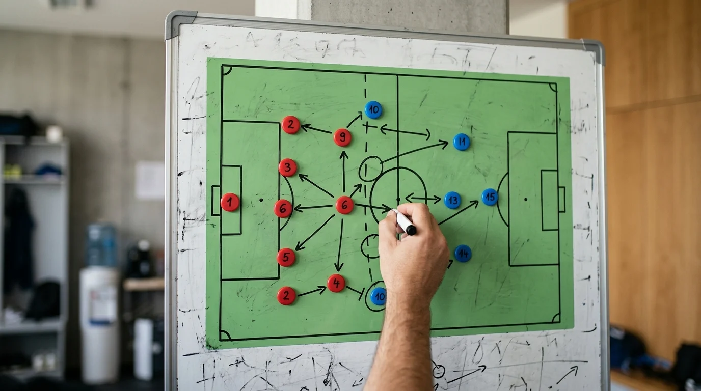 A tactical whiteboard showing football defensive strategies.
