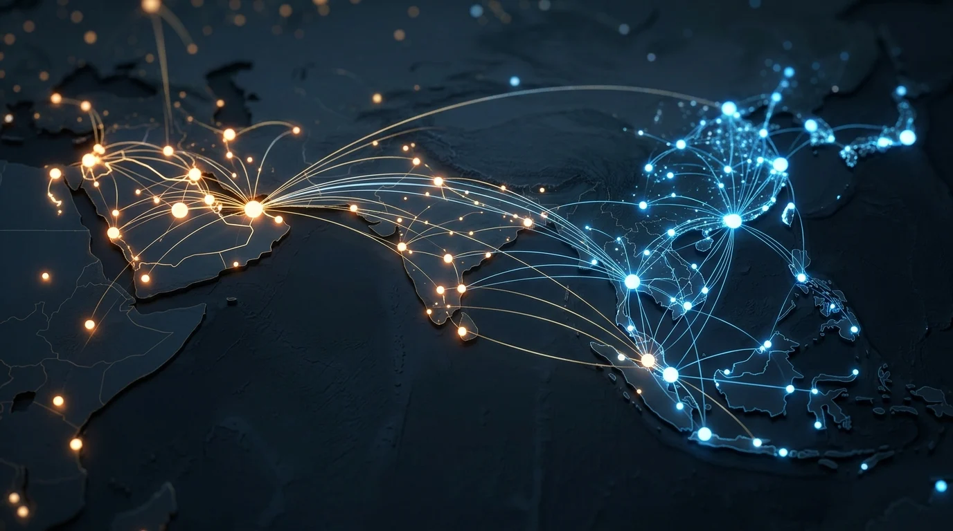 Abstract visualization of financial connectivity between Singapore and the Gulf region.