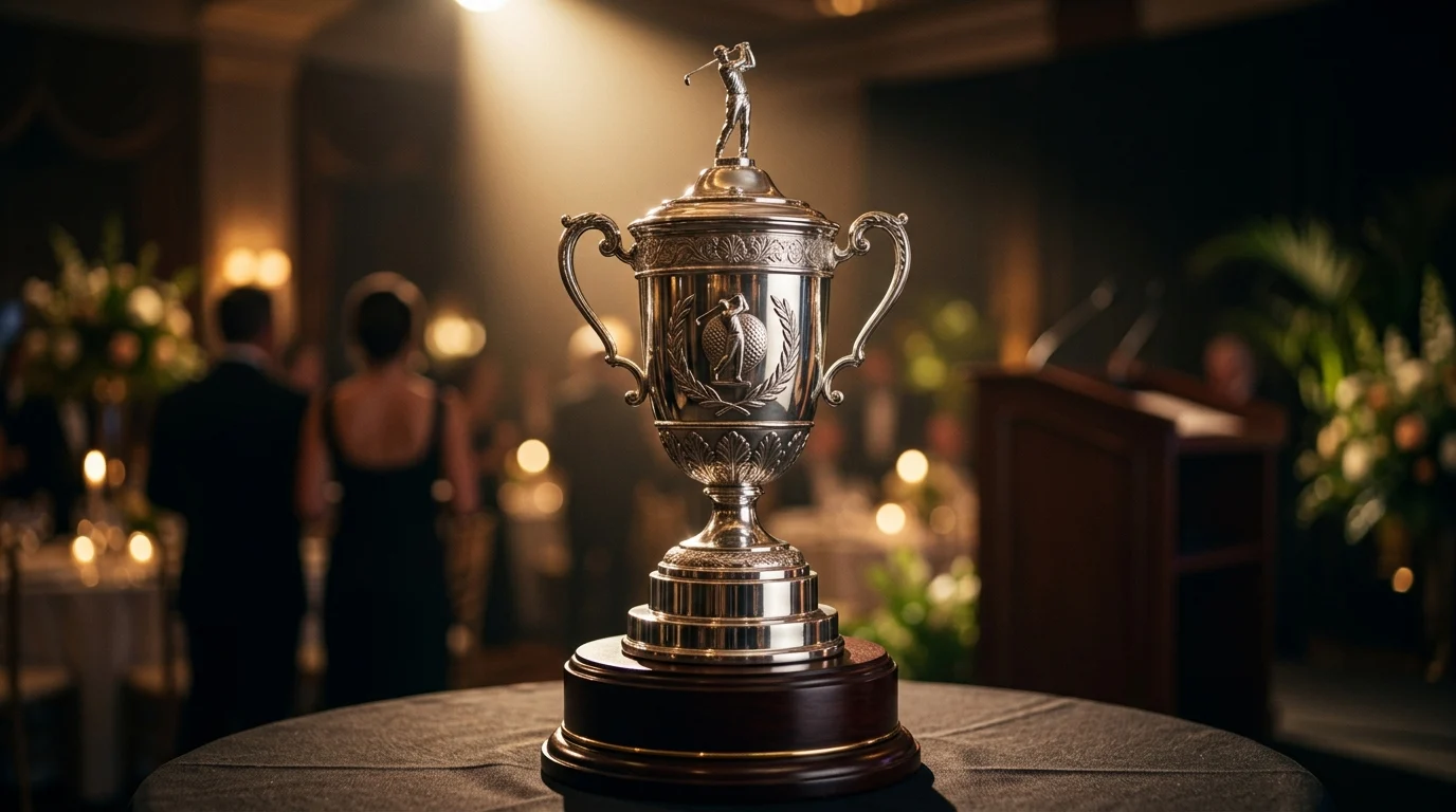 A silver golf trophy under a soft light.