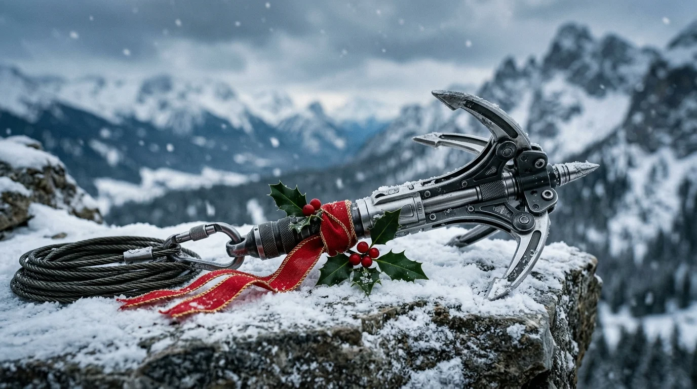 A festive high-tech grappling hook on snow.