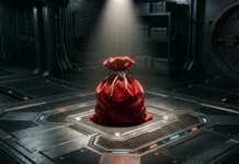 A glowing red sack inside a high-security vault.