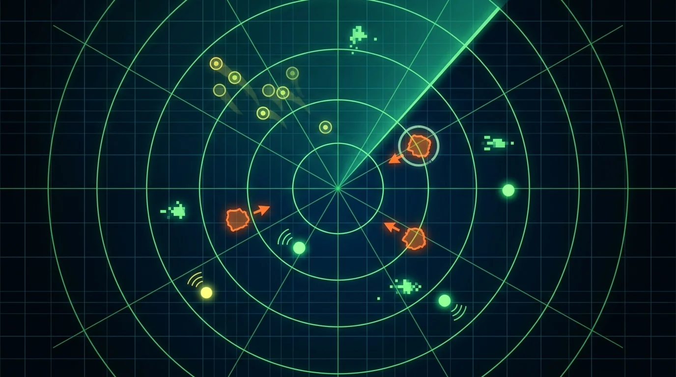 Abstract digital radar display showing surveillance points and signal interference.
