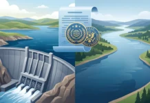 Conceptual illustration of a river dam and a legal treaty document.