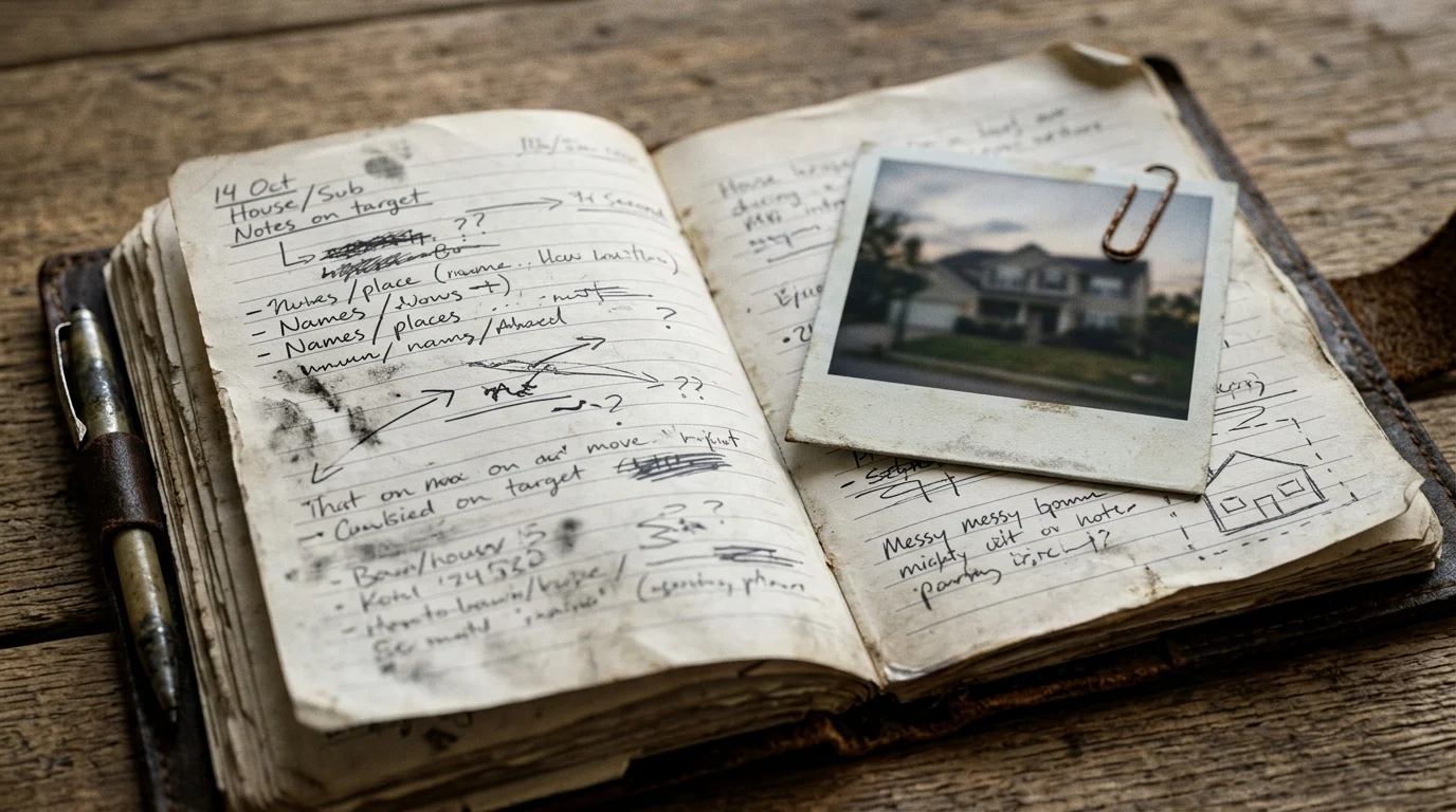 A close-up of an investigation notebook and a blurred photo.