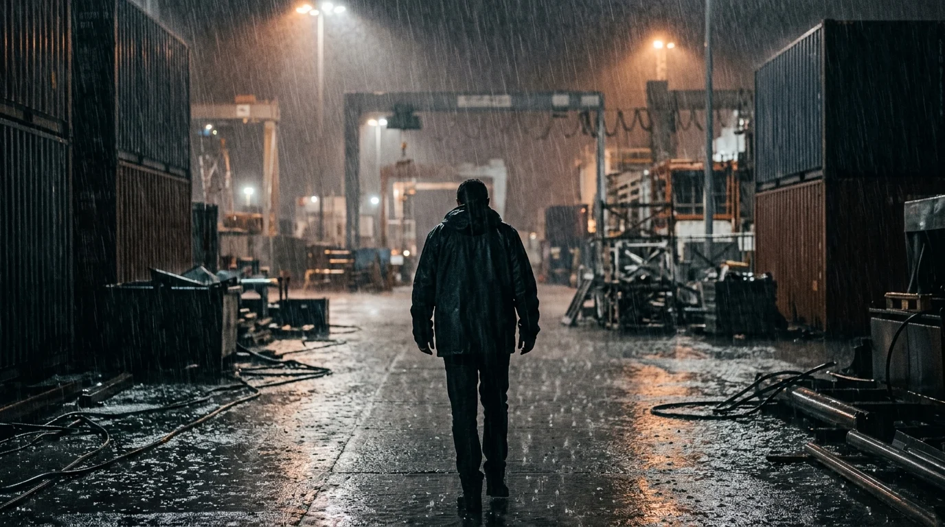A conceptual silhouette of a lone figure in an industrial shipyard.