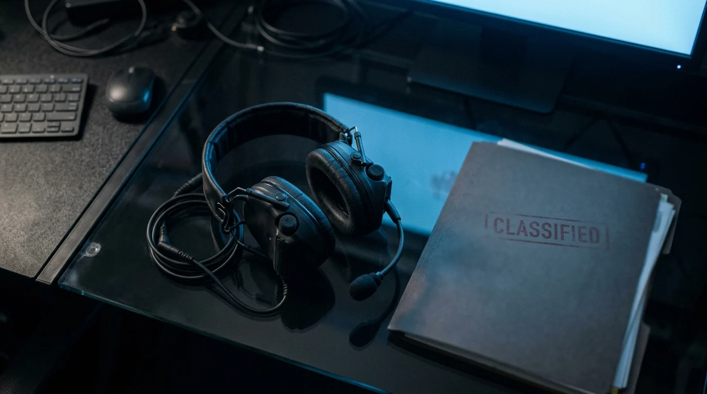 Tactical gear and classified documents on a desk in a dark room.