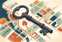 A conceptual image of a key on a map representing housing rights.