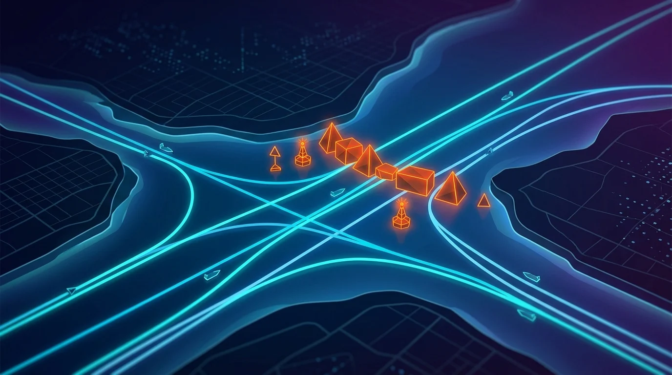 A conceptual digital map showing obstructed maritime shipping lanes.