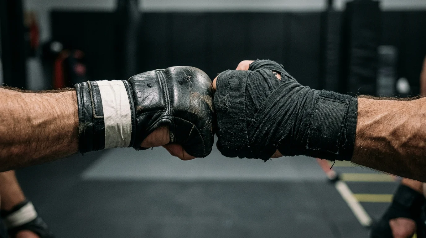 A close-up of two mixed martial arts gloves in a neutral gym setting.