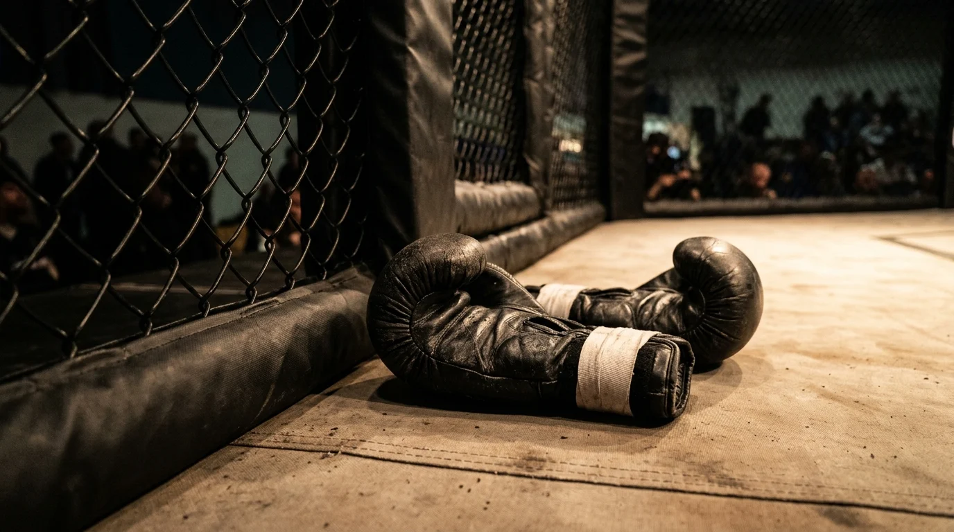 MMA gloves resting on the canvas inside a professional fighting cage.
