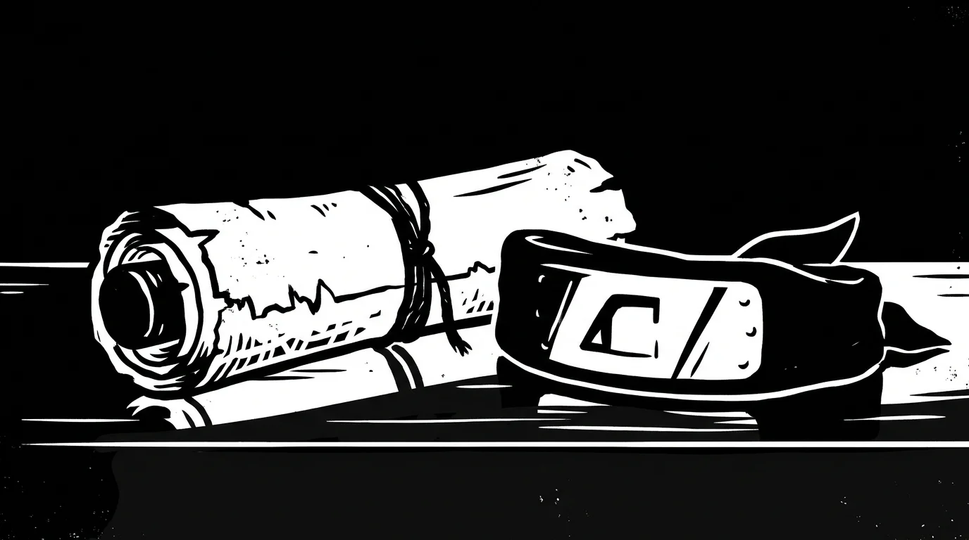 A minimalist illustration of a ninja scroll and headband silhouette.