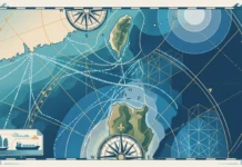 Conceptual illustration of maritime routes between the Philippines and Taiwan on a nautical chart.