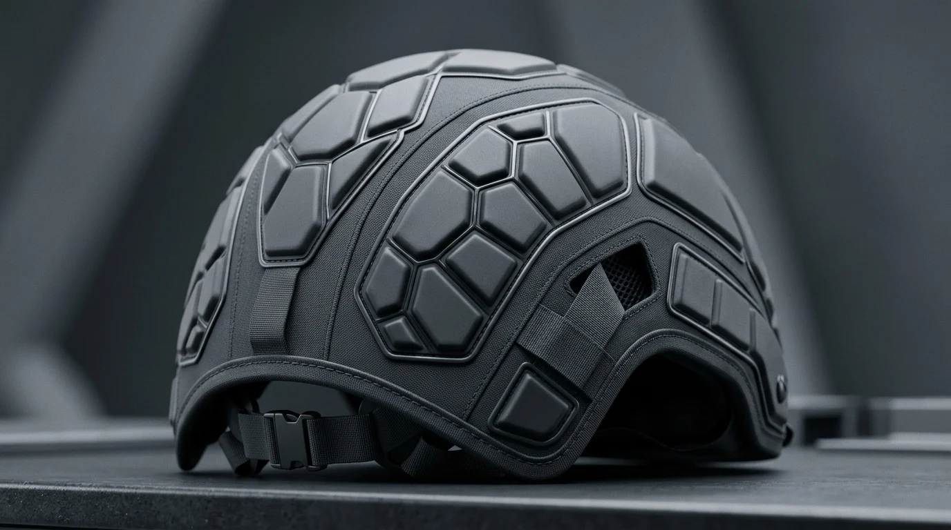A conceptual close-up of protective headgear technology used in professional football.