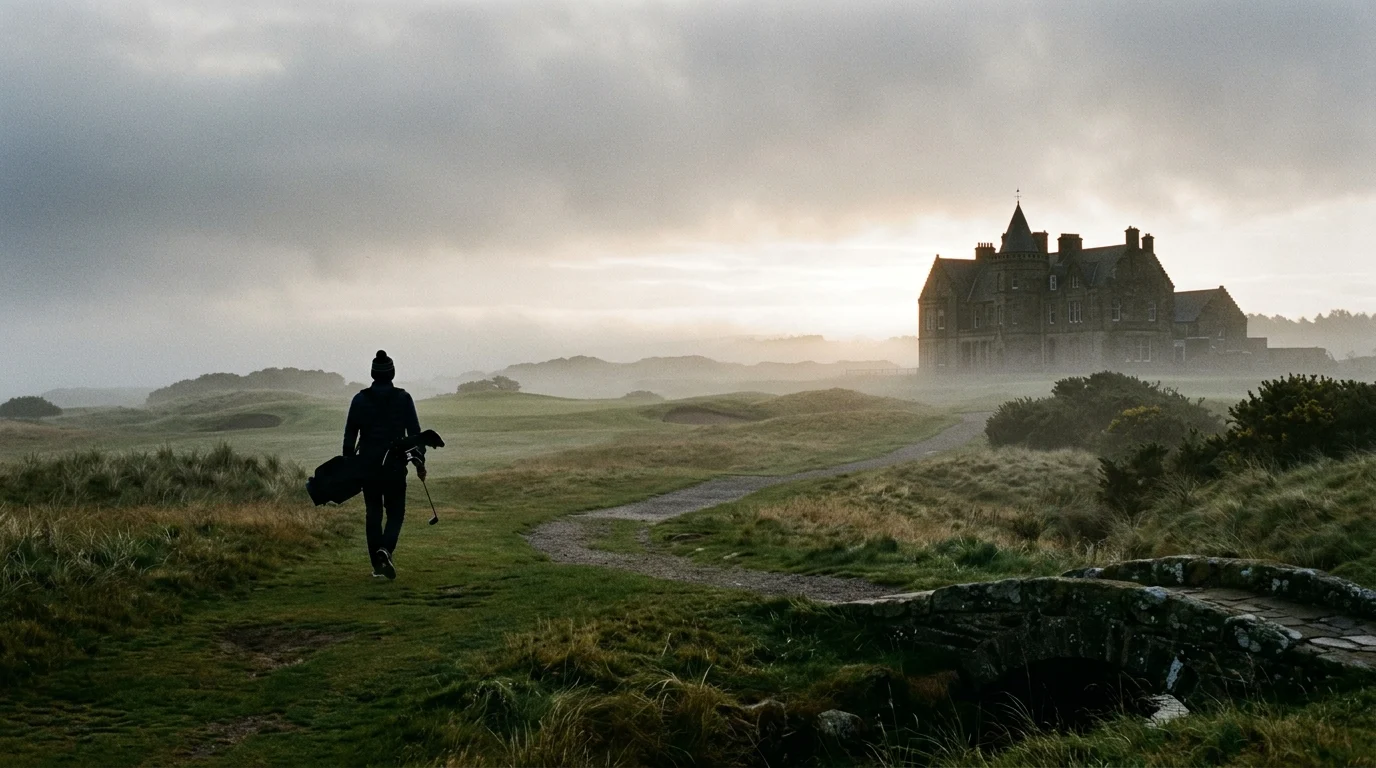 Silhouette of a golfer on a historic links course.