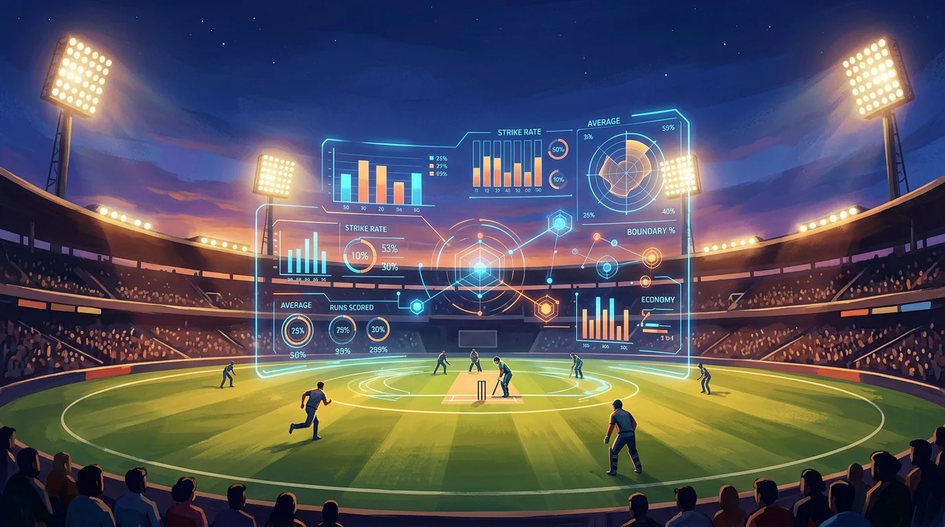 Conceptual view of a cricket stadium with digital statistical overlays.