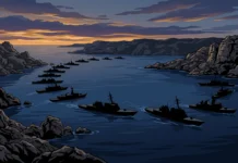 Conceptual depiction of a maritime blockade in a strategic waterway.