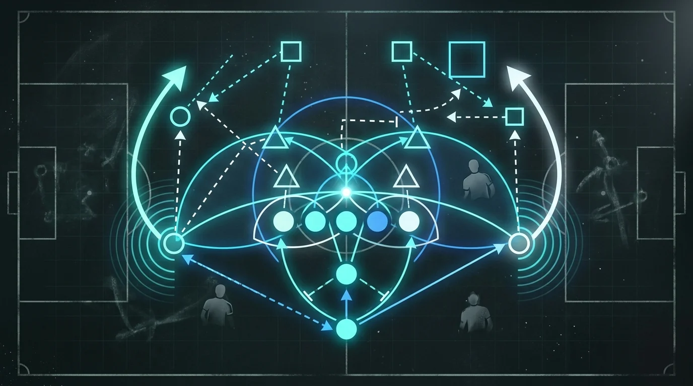 Abstract tactical football board showing glowing formations and defensive lines.
