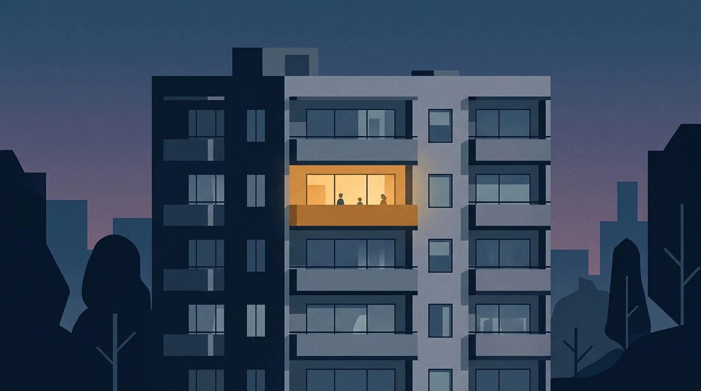 Conceptual art of an apartment building with one unit illuminated.