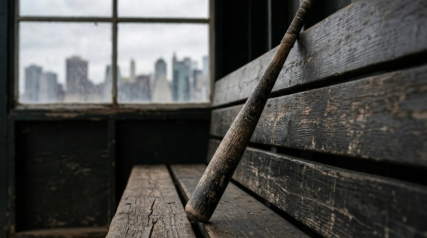 A baseball bat in a dugout with a blurred city skyline background.