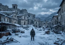 A conceptual landscape of a snowy, abandoned town square in a post-apocalyptic setting.