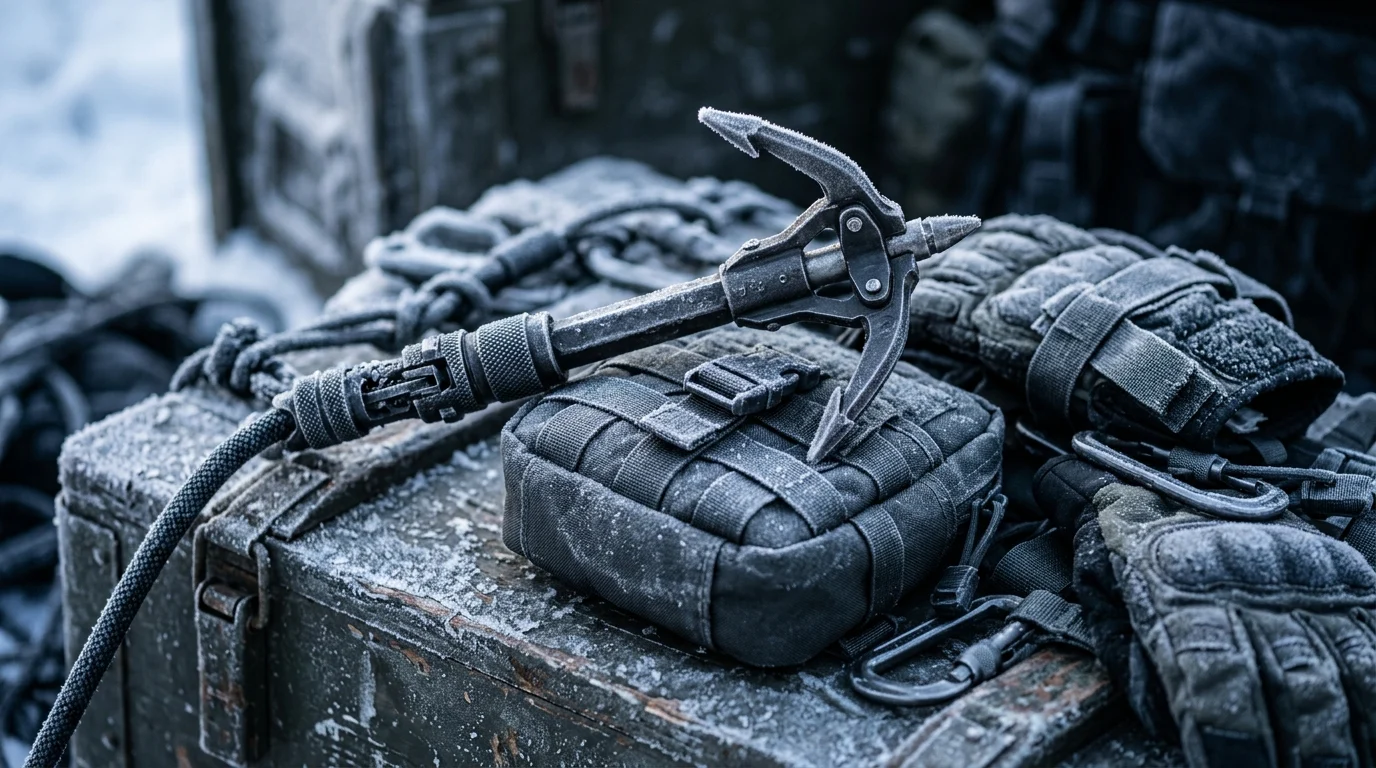 Conceptual tactical gear and a grappling hook covered in frost.
