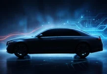 Conceptual rendering of a luxury sedan silhouette in a futuristic studio setting representing automotive transition.