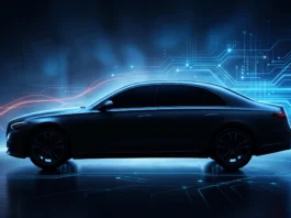Conceptual rendering of a luxury sedan silhouette in a futuristic studio setting representing automotive transition.