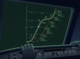 Conceptual illustration of an aircraft navigation computer screen displaying flight path data.