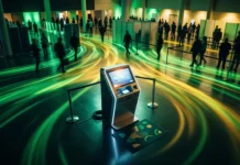 Conceptual image of an electronic voting terminal in ian national colors.