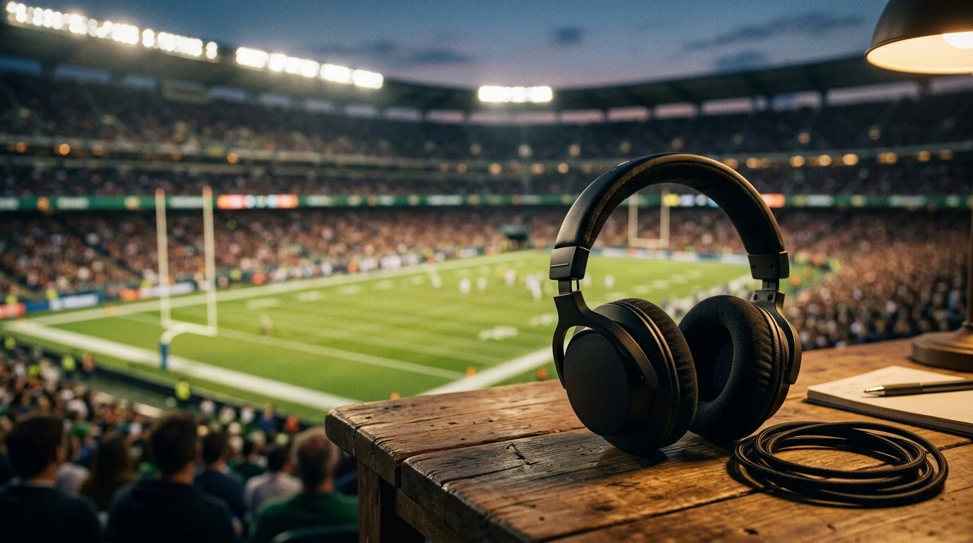 Studio headphones on a desk with a football field in the background.