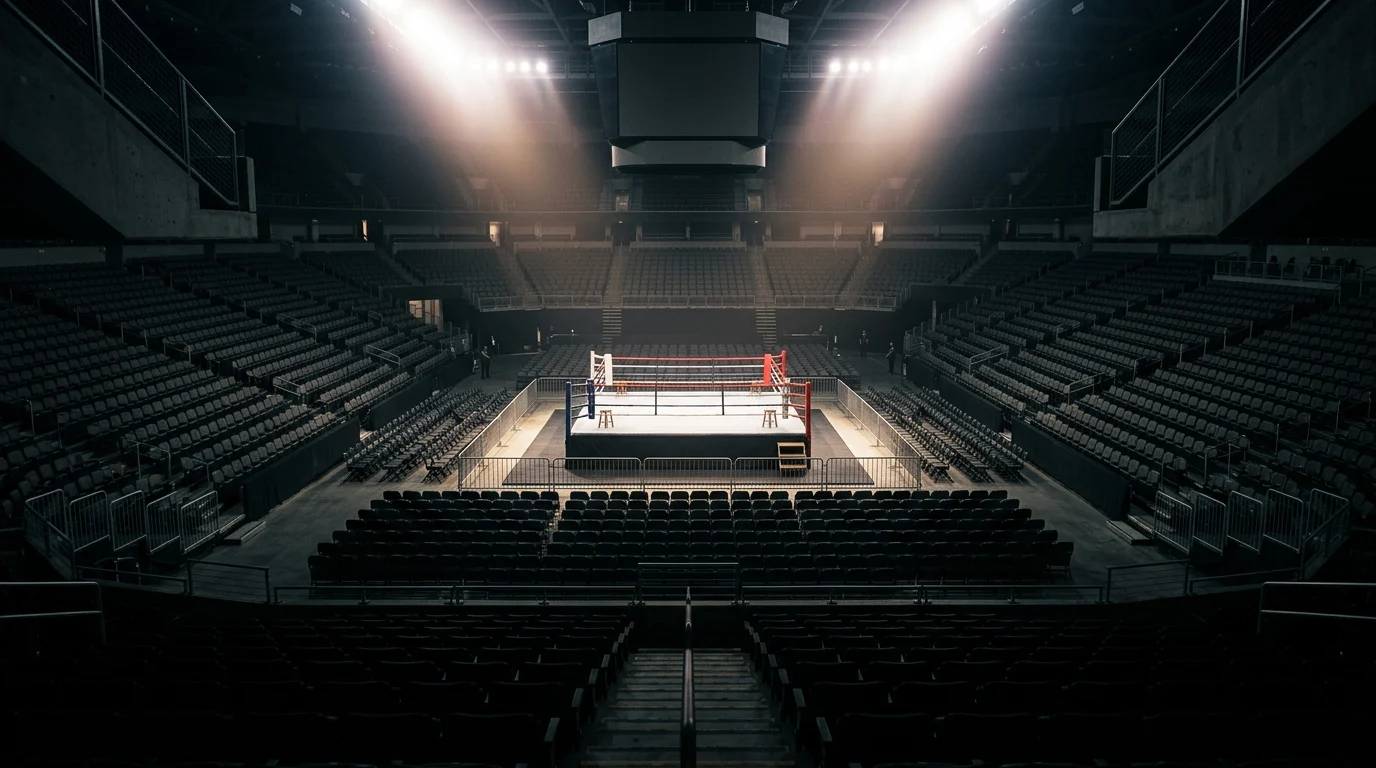 A brightly lit empty boxing ring in a dark arena.