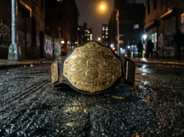 A gold wrestling championship belt on dark pavement under a streetlamp.