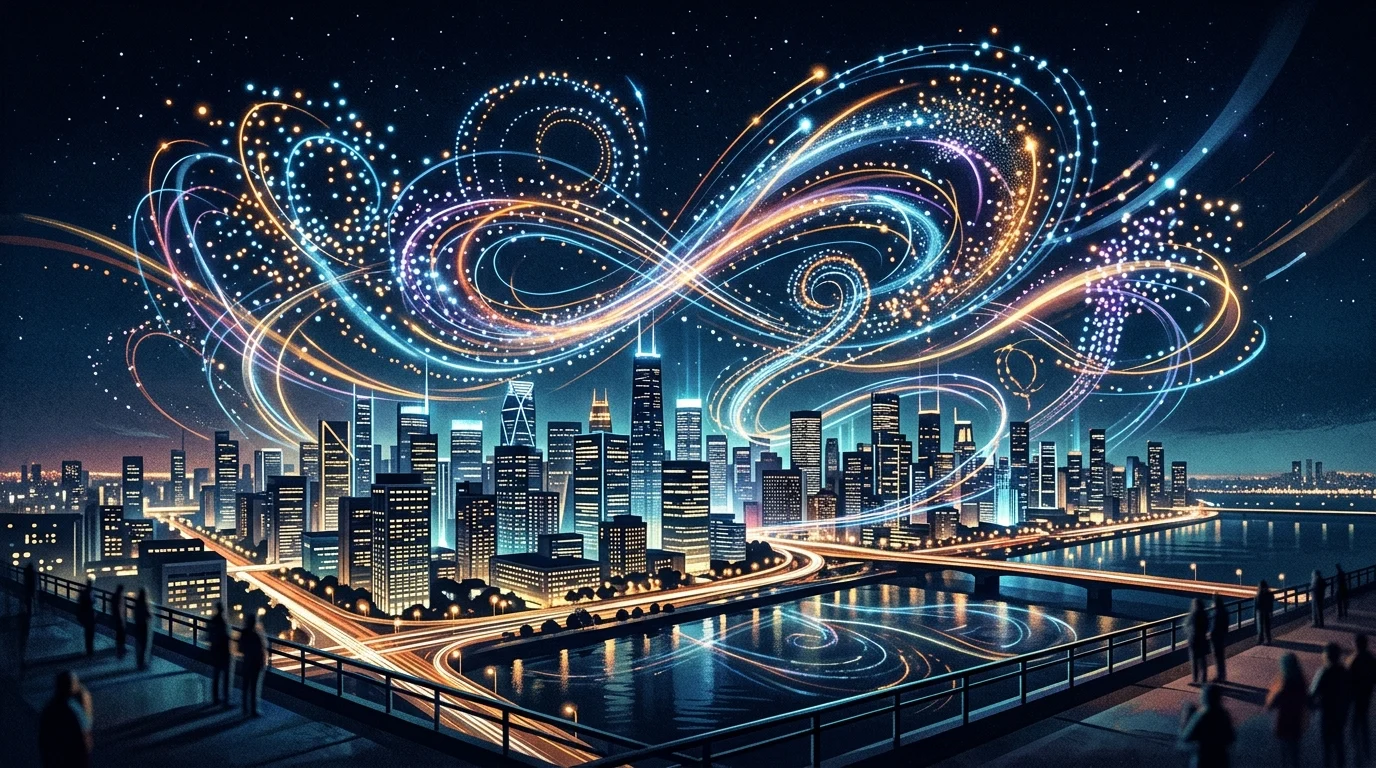 Conceptual illustration of a high-tech night economy and sky-based tourism.