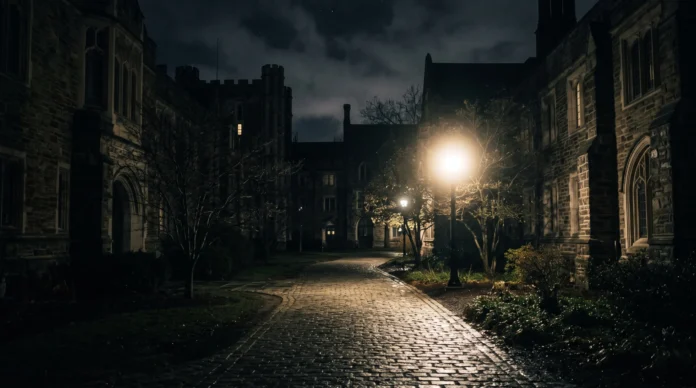 cornell-investigation-legal-justice A dark university quad at night with a single spotlight.