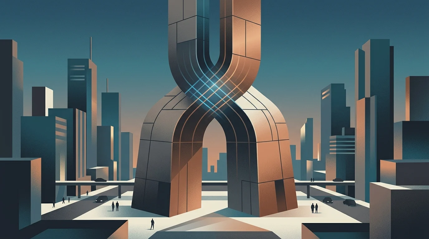 Abstract representation of two architectural forms merging into one structure.