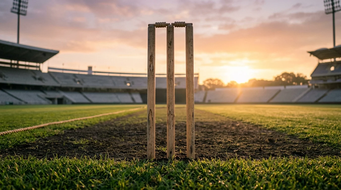Cricket stumps on a professional grass pitch.