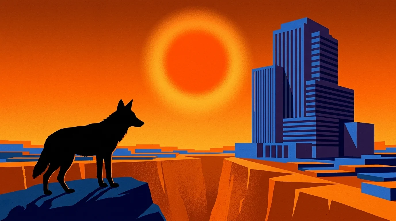 Minimalist silhouette art of a coyote facing a corporate building.