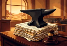 Shelved for a Tax Write-Off, Coyote vs. Acme Now Tops Apple TV Charts A conceptual illustration of an anvil and legal papers in a desert courtroom.
