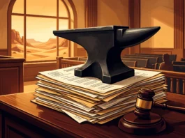 A conceptual illustration of an anvil and legal papers in a desert courtroom.